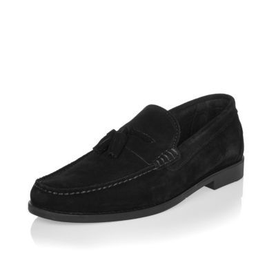 Black suede tassel loafers